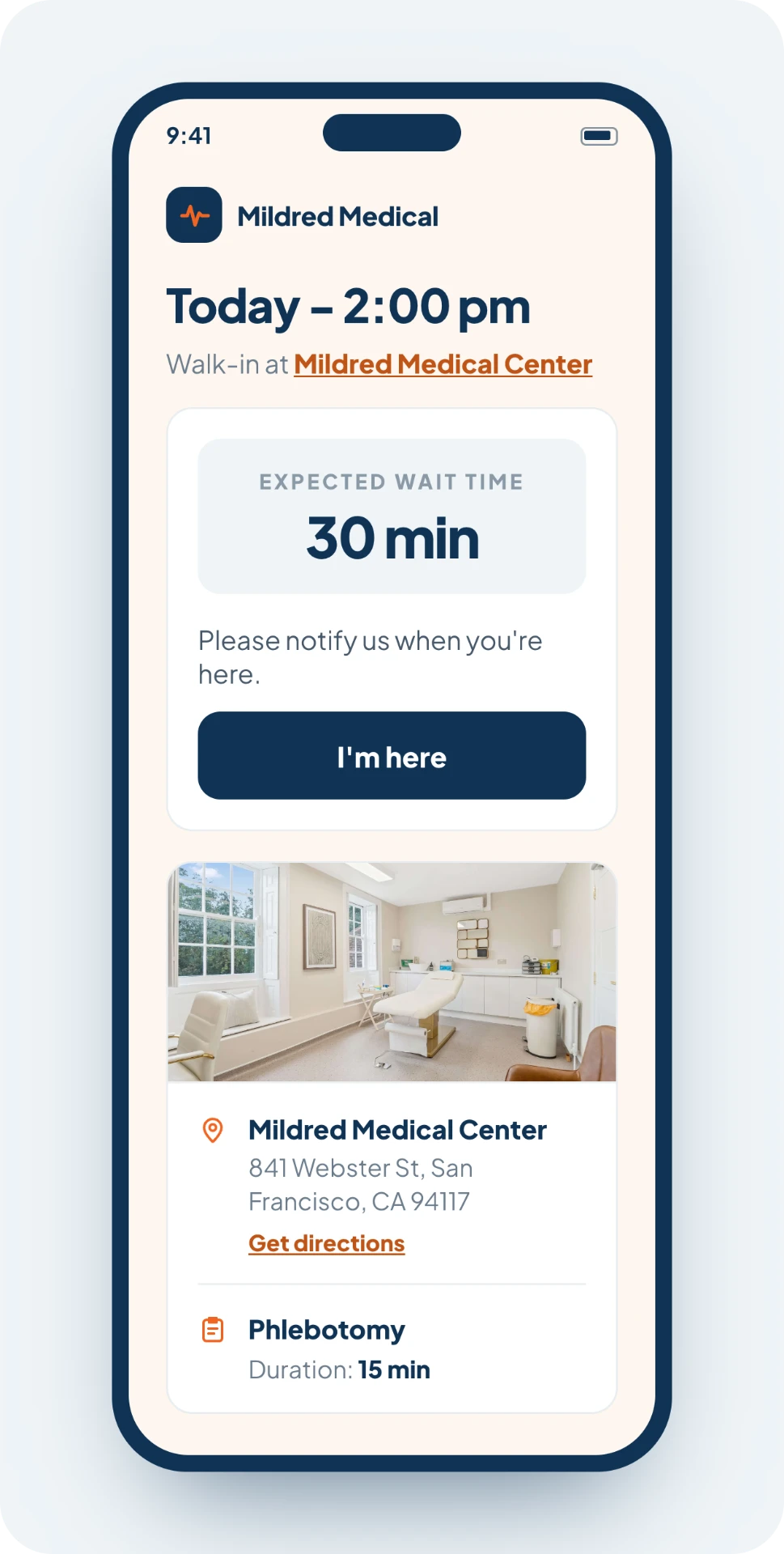 Patient phone status page for Mildred Medical showing a 2:00 PM walk-in visit, 30-minute expected wait, check-in button, clinic details and phlebotomy duration.
